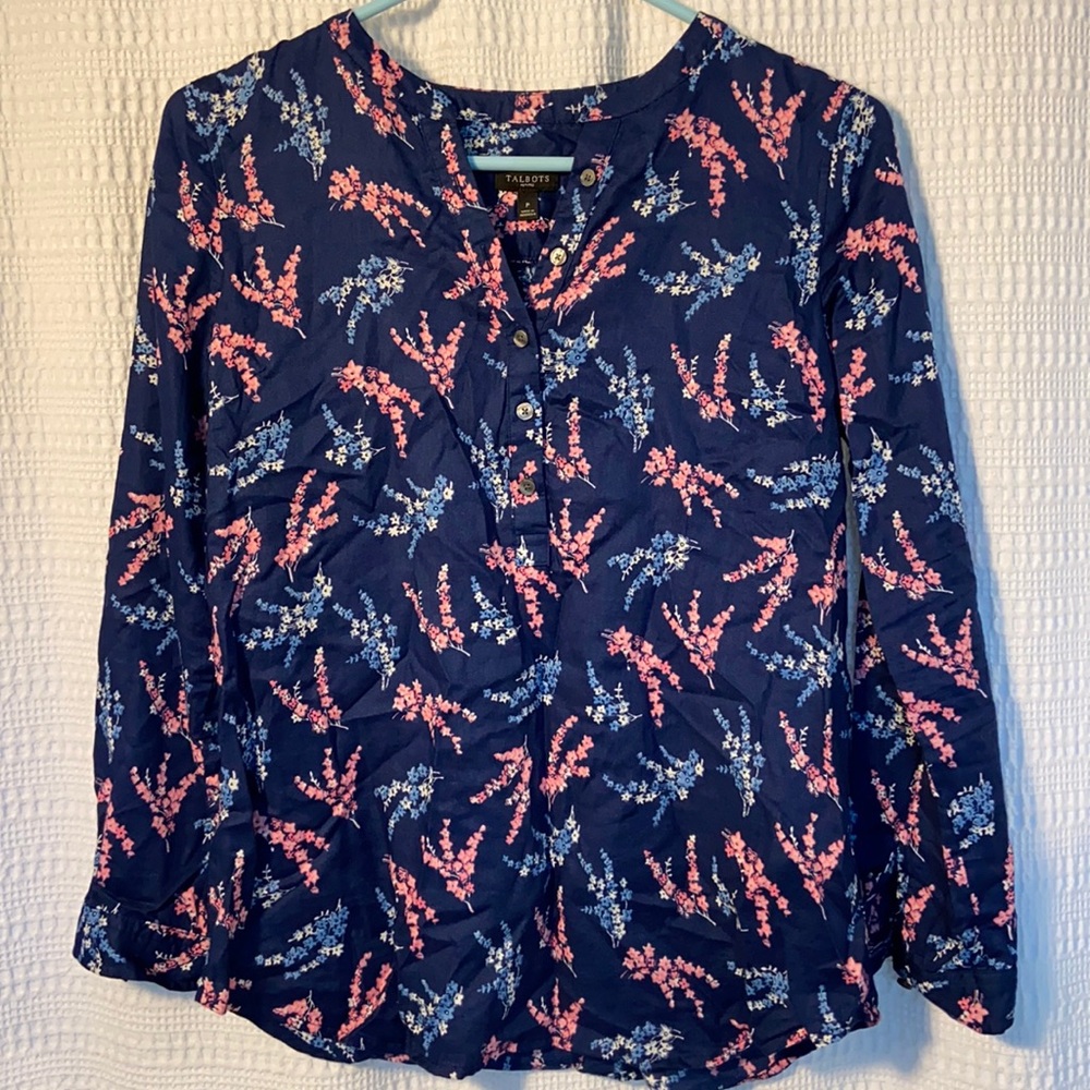 Talbots Cotton Blouse Navy Floral WM S/M Petite